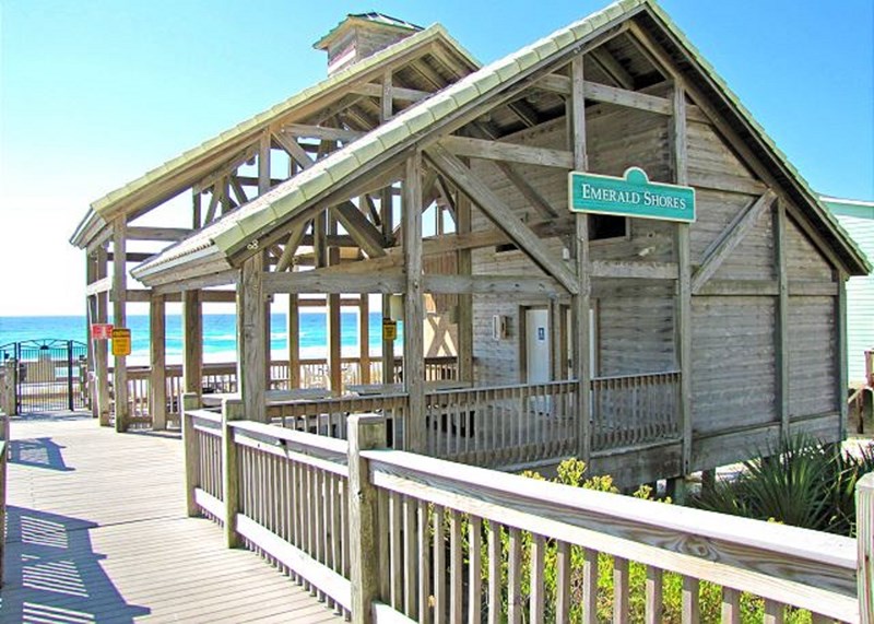 Private beach and pavilion for Emerald Shores with restrooms