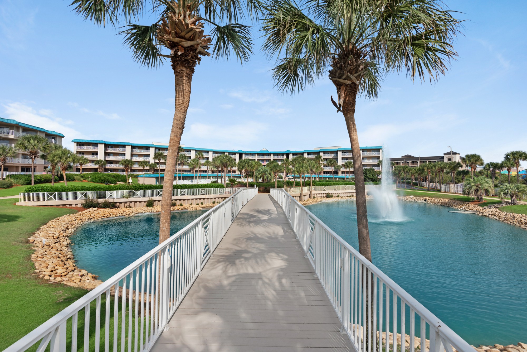 Beautiful walkway over looking Koi pond leading to Gulf Beach